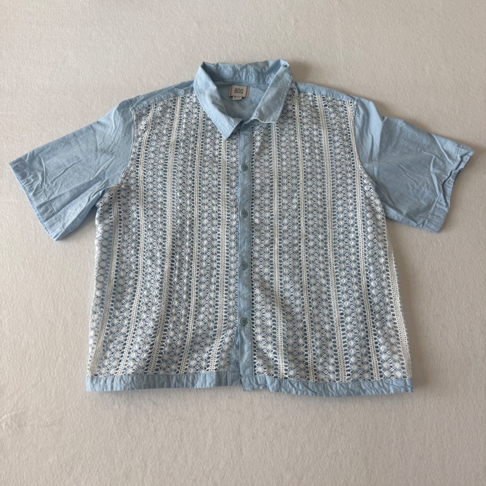 BDG Crochet Lace Button Down Shirt Womens XXL Blue White Short Sleeve Boho
